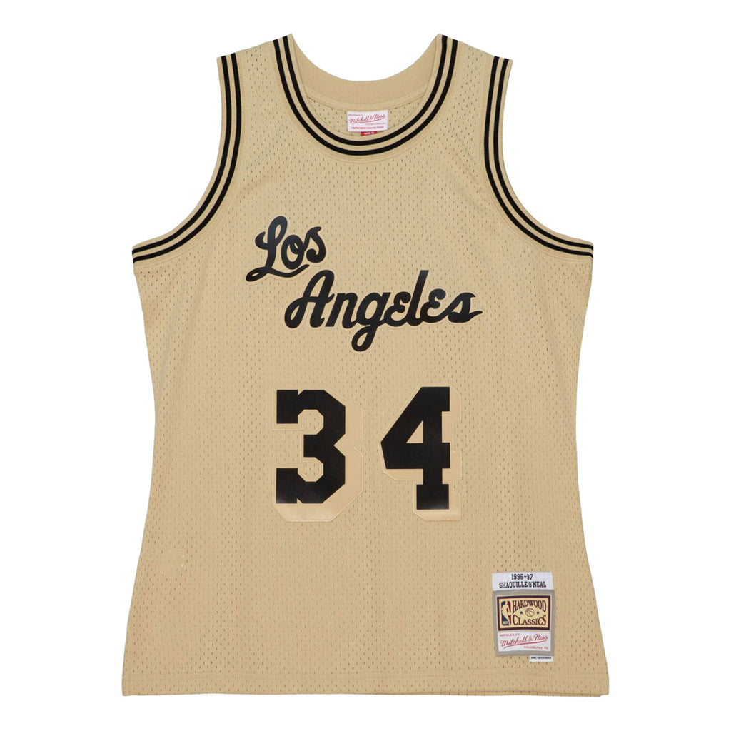 MENS MITCHELL & NESS KHAKI BLACK SWINGMAN JERSEY LAKERS 1996 SHAQUILLE O'NEAL