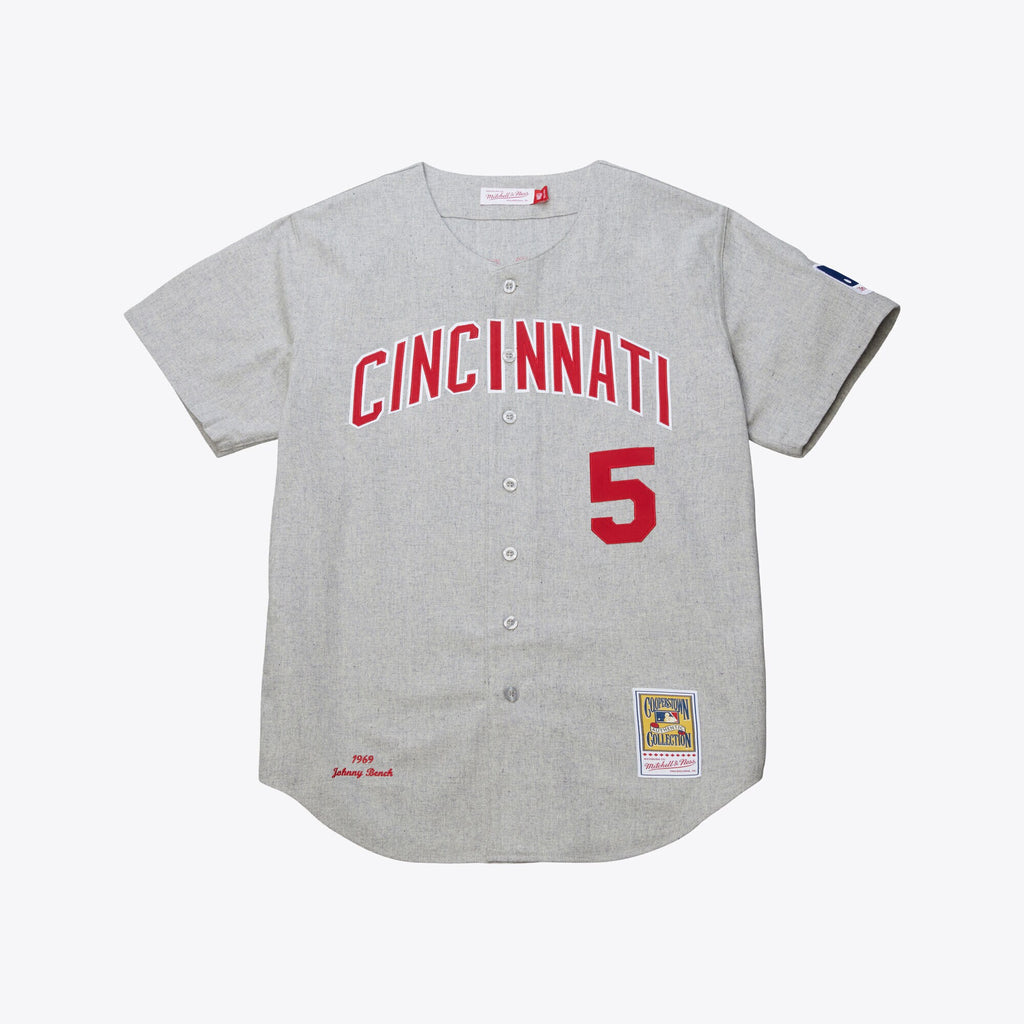 MENS MITCHELL & NESS MLB GREY JERSEY REDS 1969 JOHNNY BENCH