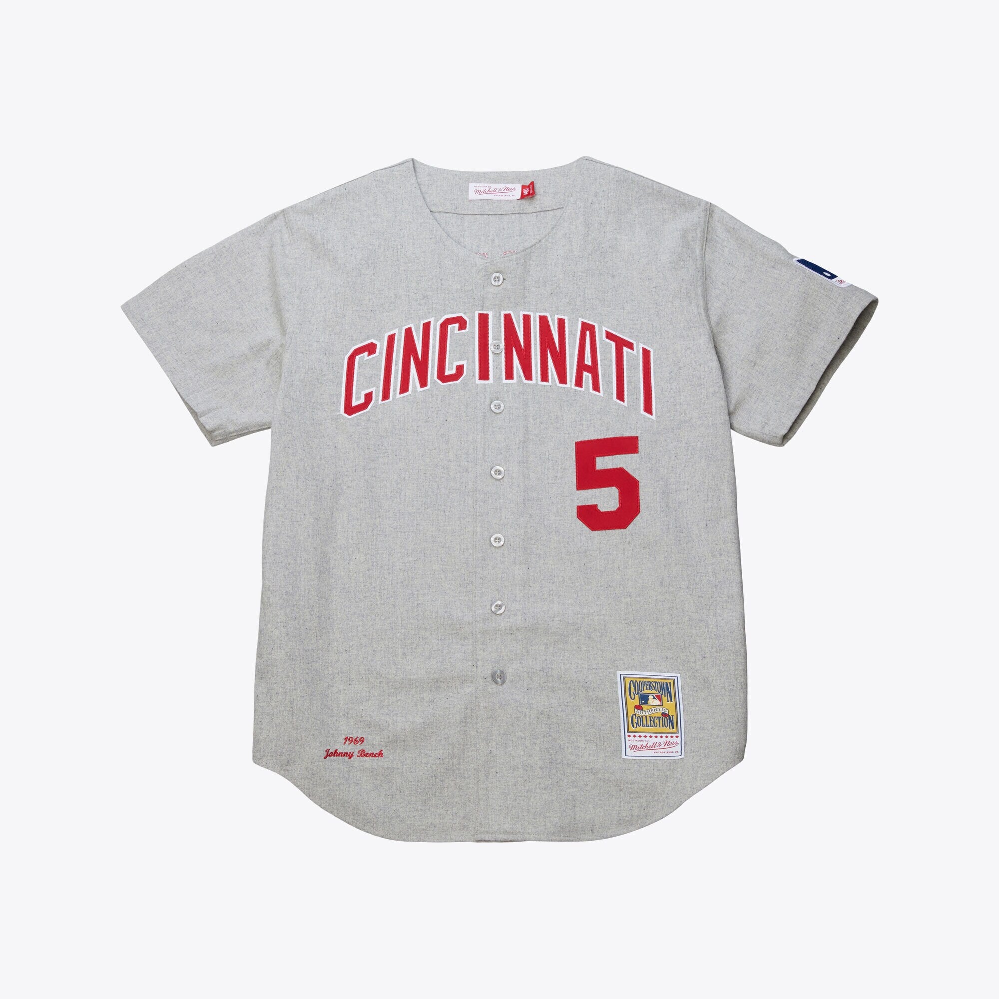 MENS MITCHELL & NESS MLB GREY JERSEY REDS 1969 JOHNNY BENCH