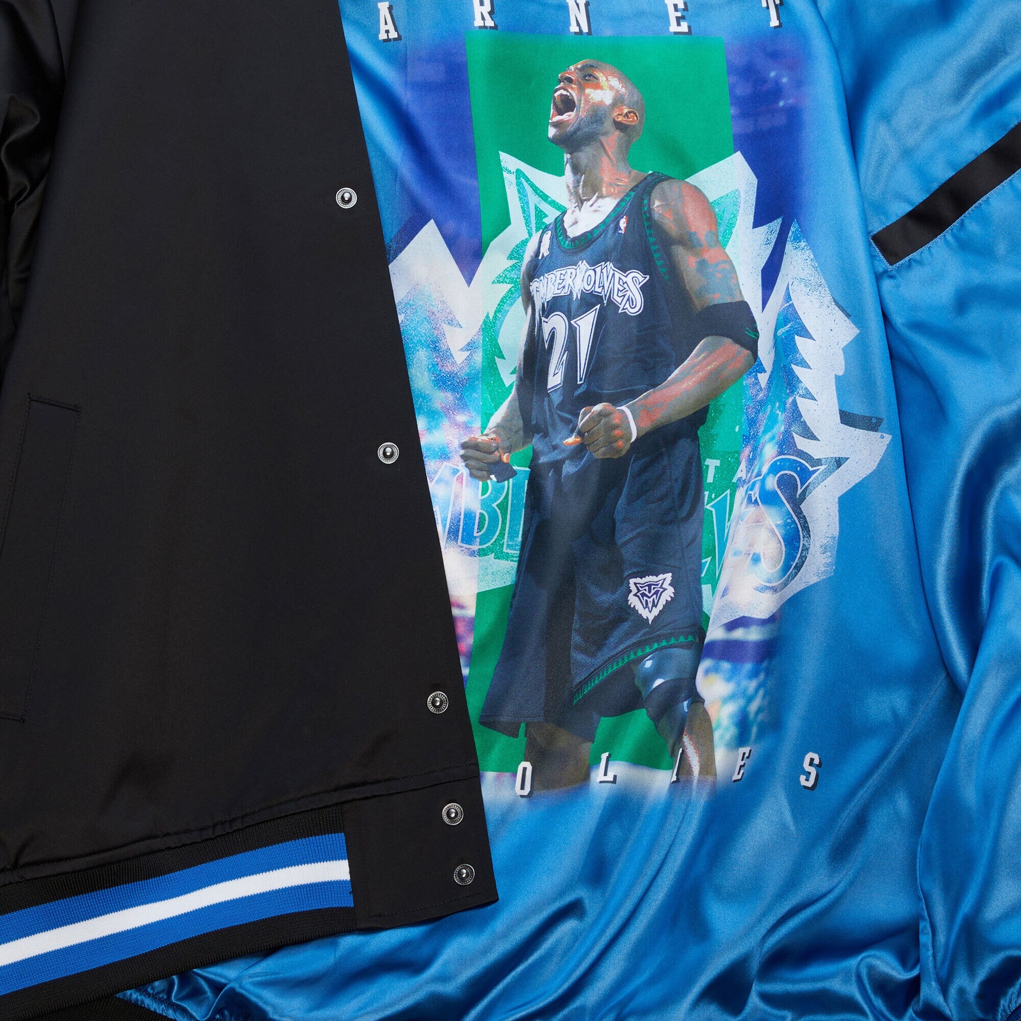 MENS MITCHELL & NESS NBA SATIN JACKET VINTAGE LOGO TIMBERWOLVES KEVIN GARNETT