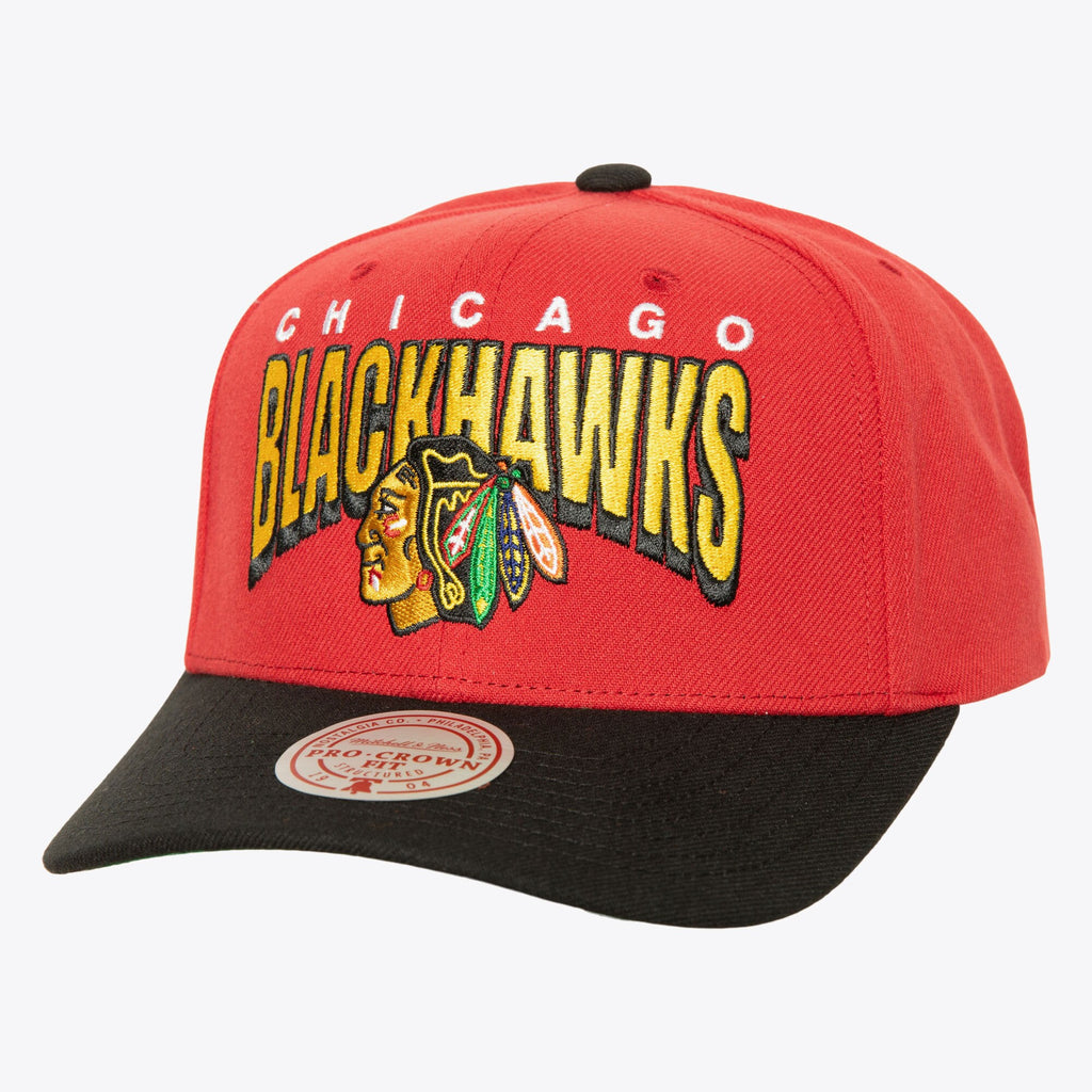 MENS MITCHELL & NESS NHL BOOM TEXT PRO SNAPBACK BLACKHAWKS - RED