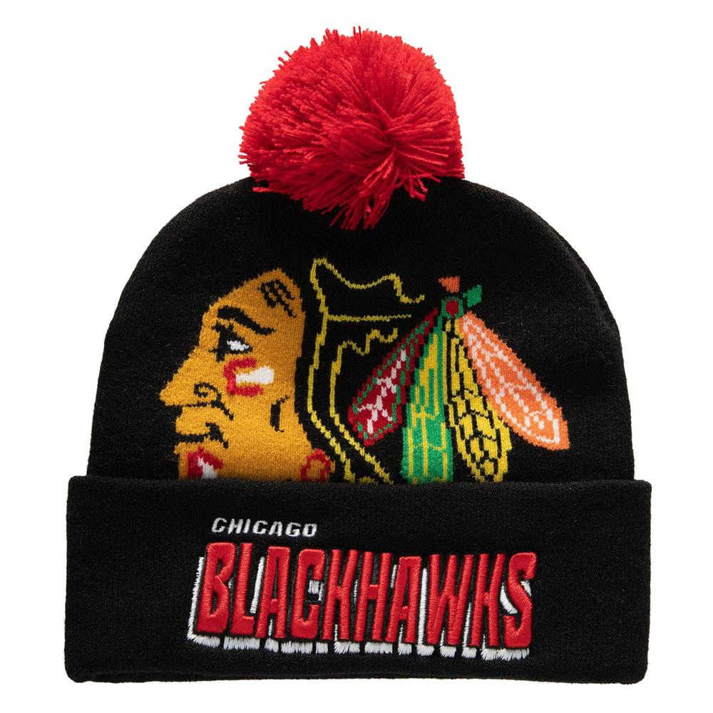 MENS MITCHELL & NESS NHL PUNCH OUT POM KNIT BLACKHAWKS - BLACK