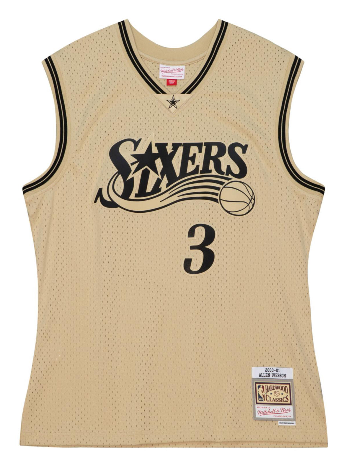 MENS MITCHELL & NESS KHAKI BLACK SWINGMAN JERSEY 76ERS 2000 ALLEN IVERSON