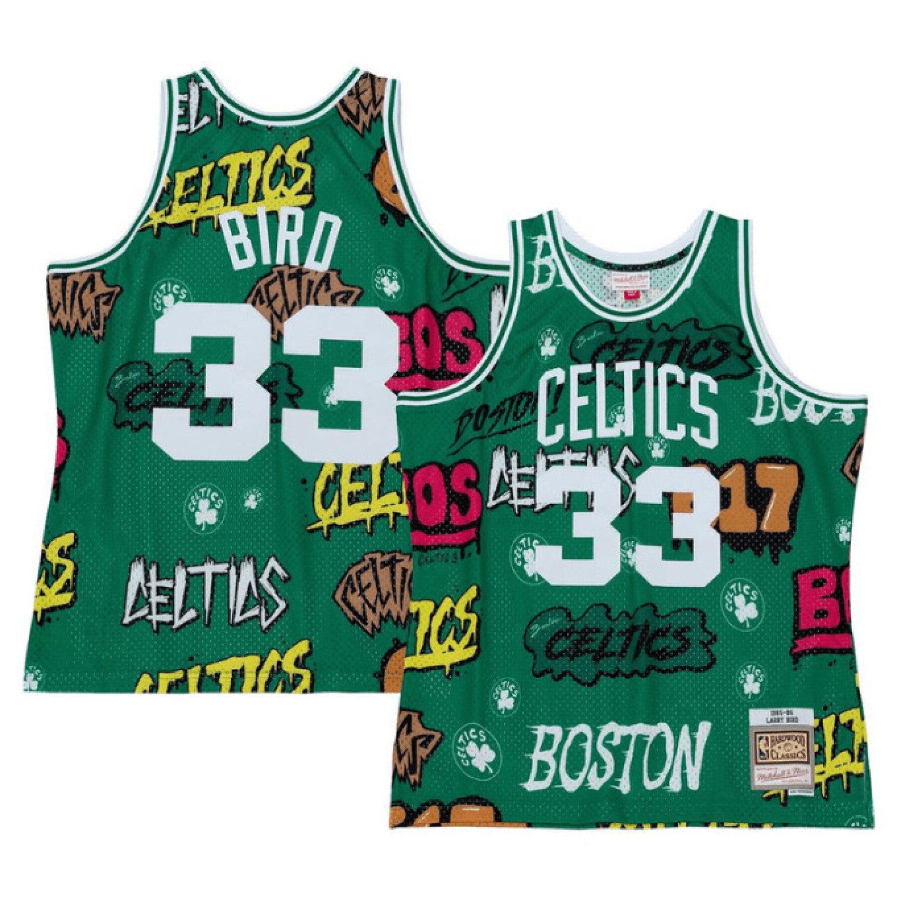 MENS MITCHELL & NESS SLAP STICKER SWINGMAN JERSEY CELTICS 1985 LARRY BIRD