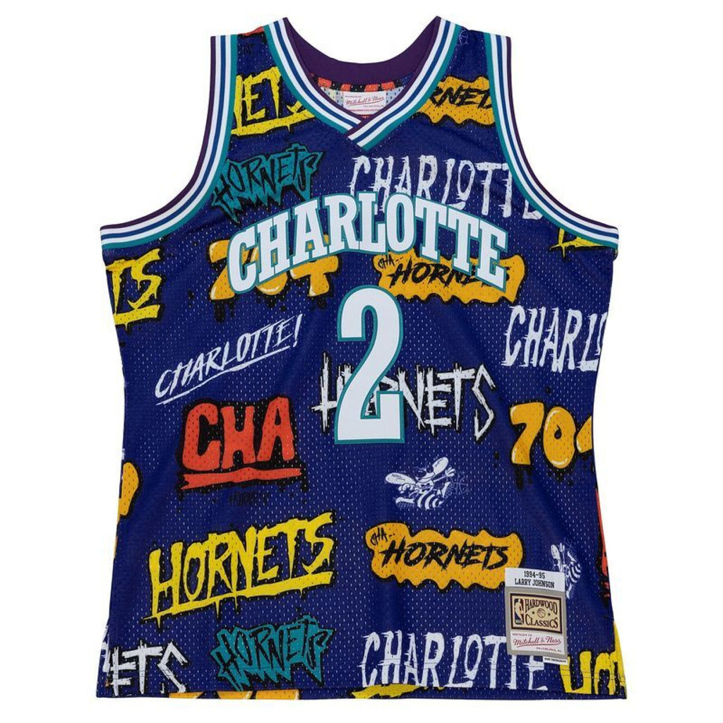 MENS MITCHELL & NESS SLAP STICKER SWINGMAN JERSEY HORNETS 1994 LARRY JOHNSON