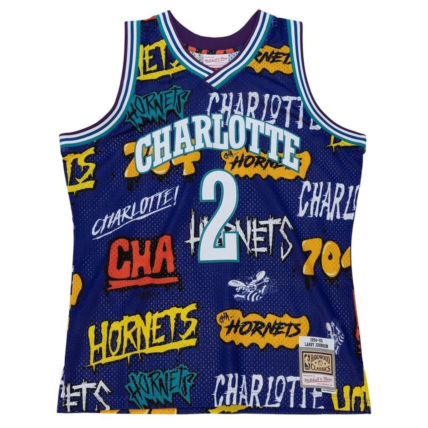 MENS MITCHELL & NESS SLAP STICKER SWINGMAN JERSEY HORNETS 1994 LARRY JOHNSON