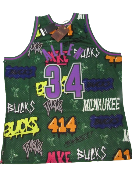 MENS MITCHELL & NESS SLAP STICKER SWINGMAN JERSEY BUCKS 2000 RAY ALLEN