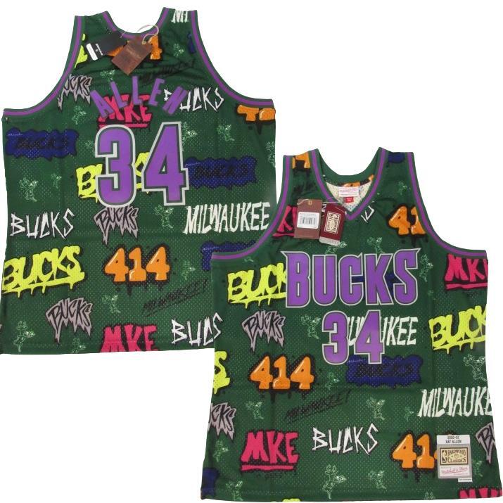 MENS MITCHELL & NESS SLAP STICKER SWINGMAN JERSEY BUCKS 2000 RAY ALLEN