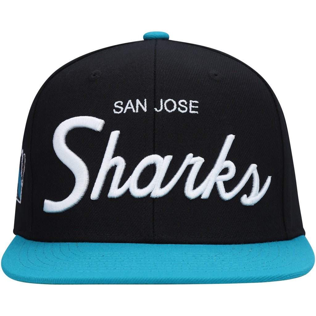 MENS MITCHELL & NESS NHL VINTAGE SCRIPT SNAPBACK SHARKS - BLACK