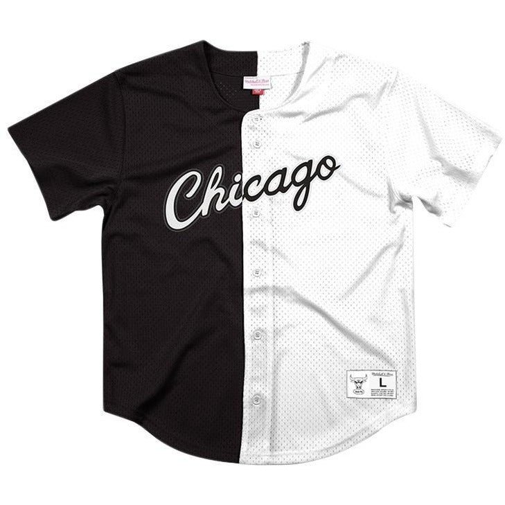[BA88XJ-CBU-K-HEX] Mens Mitchell & Ness NBA Split Color Mesh Button Front Bulls