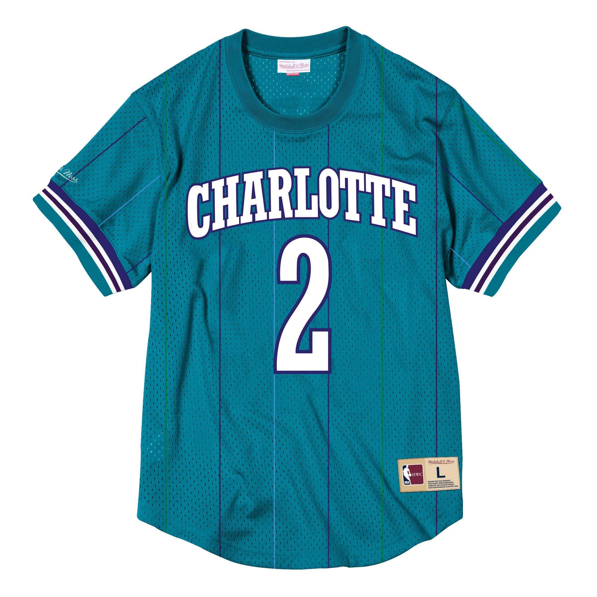[BA8X4G-CHO-T-KUS] Mens Mitchell & Ness NBA Mesh Name & Number Crew Neck Larry Johnson Hornets
