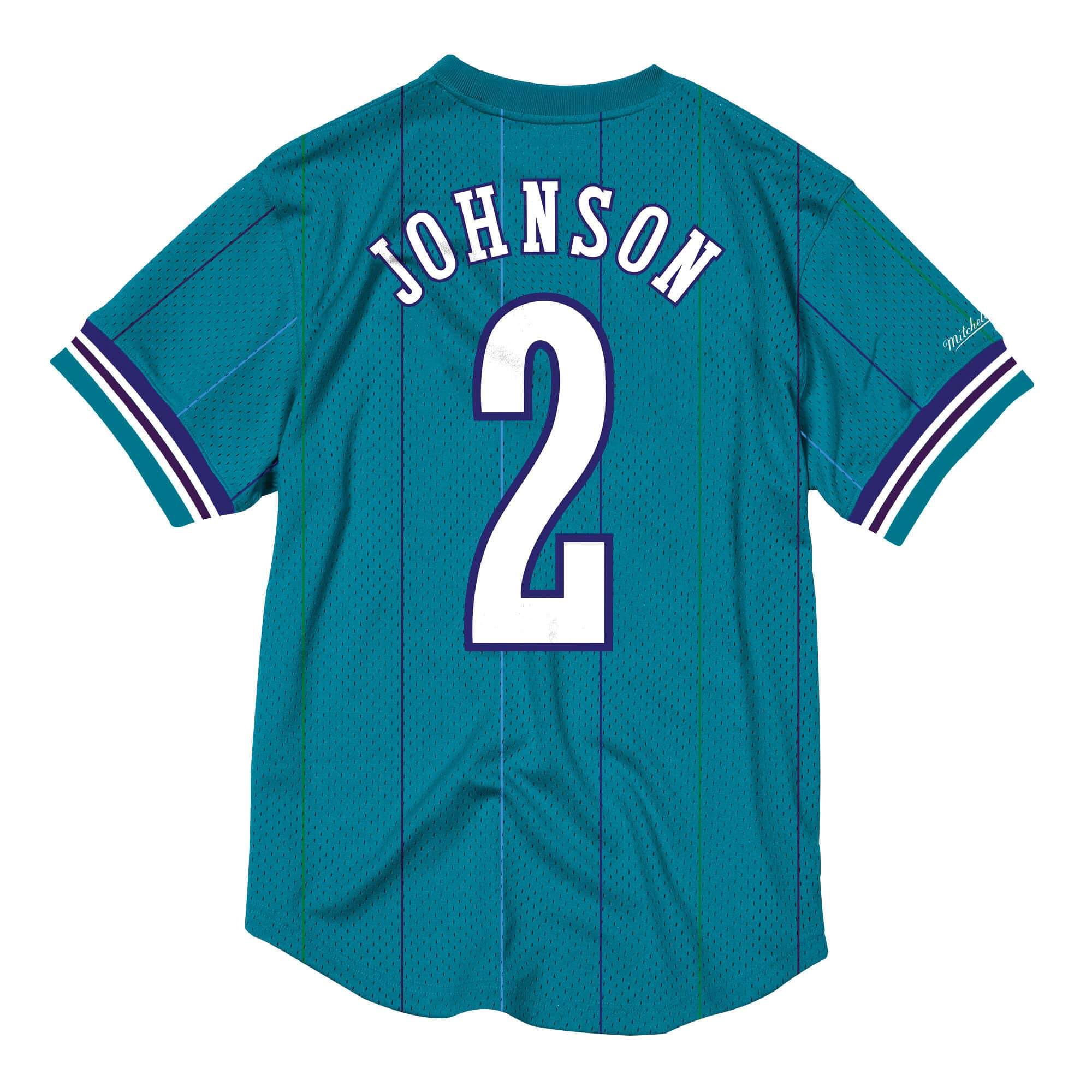 [BA8X4G-CHO-T-KUS] Mens Mitchell & Ness NBA Mesh Name & Number Crew Neck Larry Johnson Hornets