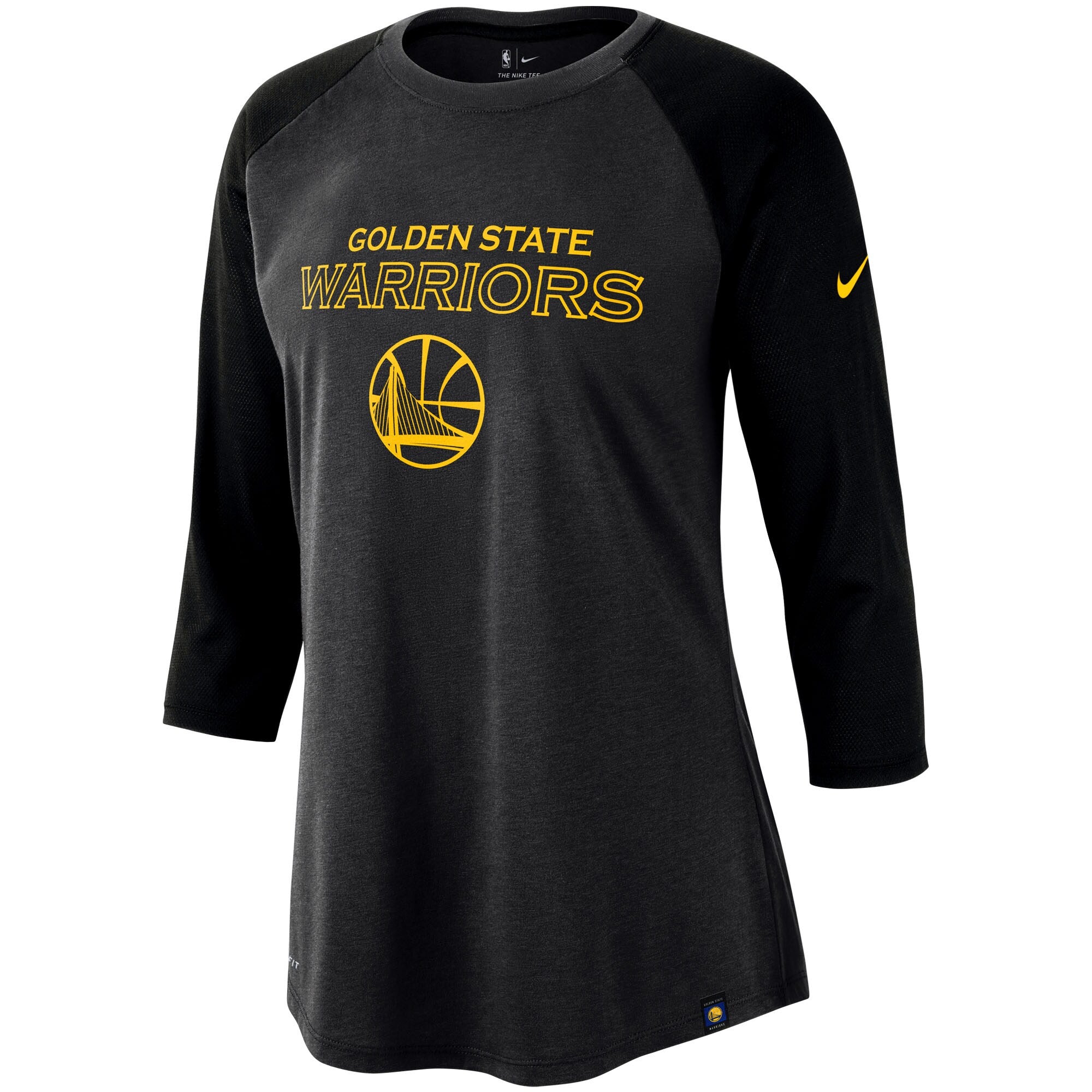 [AQ6085-060] Womens Nike NBA Golden State Warriors Wordmark 3/4-Sleeve Raglan