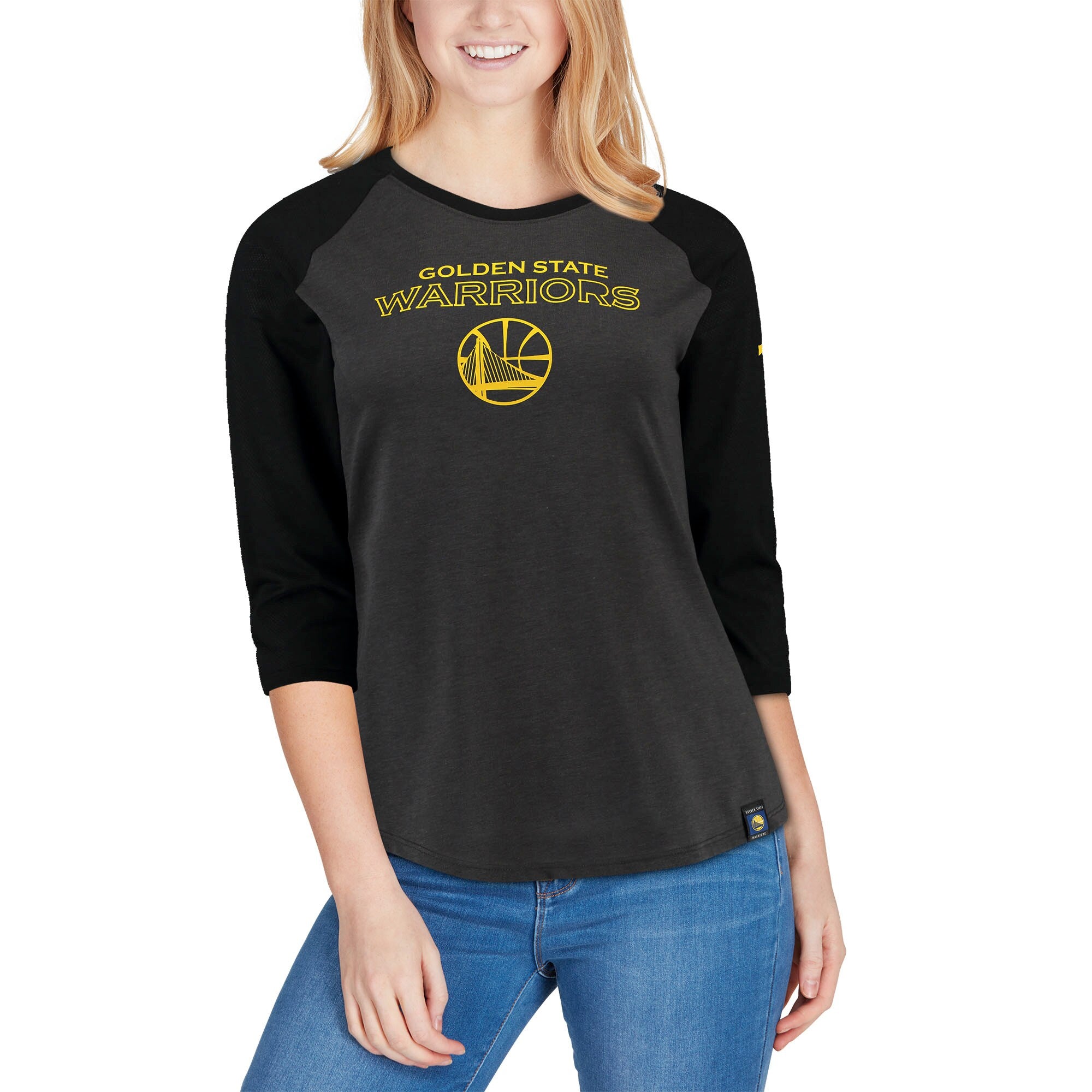 [AQ6085-060] Womens Nike NBA Golden State Warriors Wordmark 3/4-Sleeve Raglan