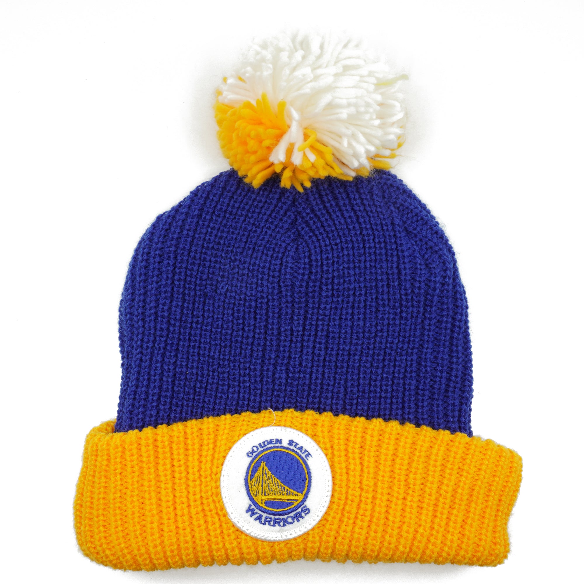 [KN34Z-MTC-A-5WARRI] Mens Mitchell & Ness NBA Golden State Warriors Retro Patch Cuffed Pom Knit Beanie