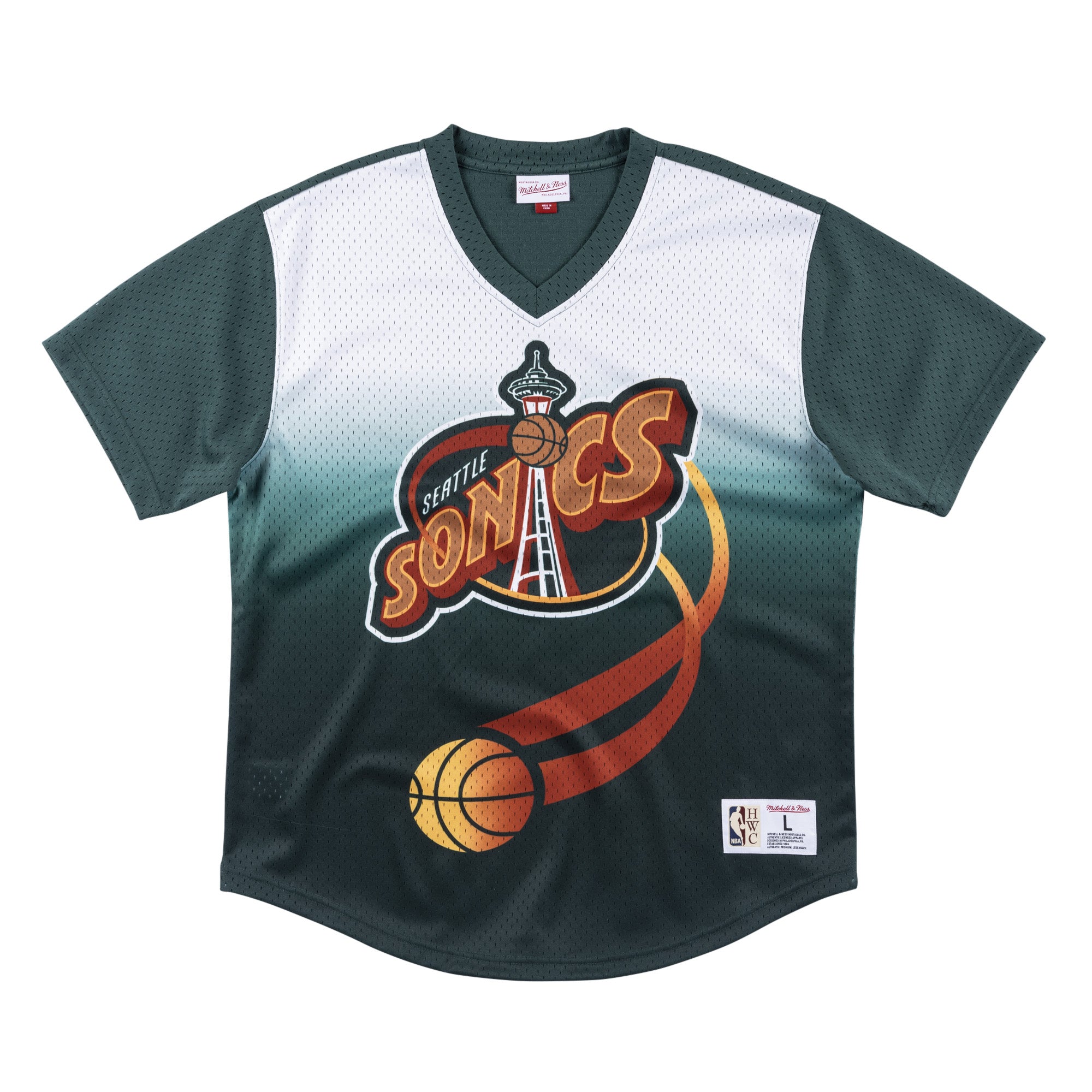 [MSPOMG18044-SSUPTDG] Mens Mitchell & Ness NBA Game Winning Shot Mesh V-Neck Seattle Supersonics
