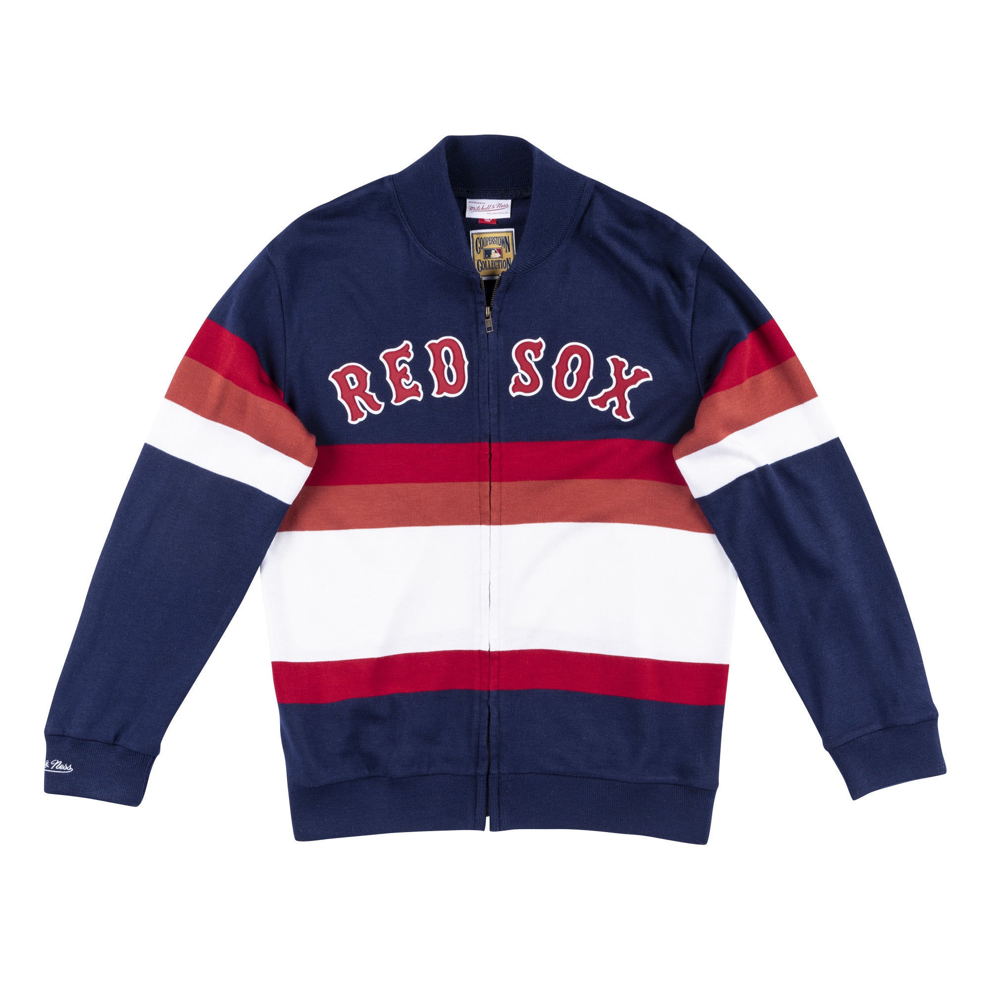 Mens Mitchell & Ness MLB Front Stripe Full Zip Sweater Boston Red Sox
