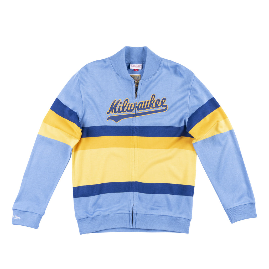 Mens Mitchell & Ness MLB Front Stripe Full Zip Sweater Milwaukee Brewers