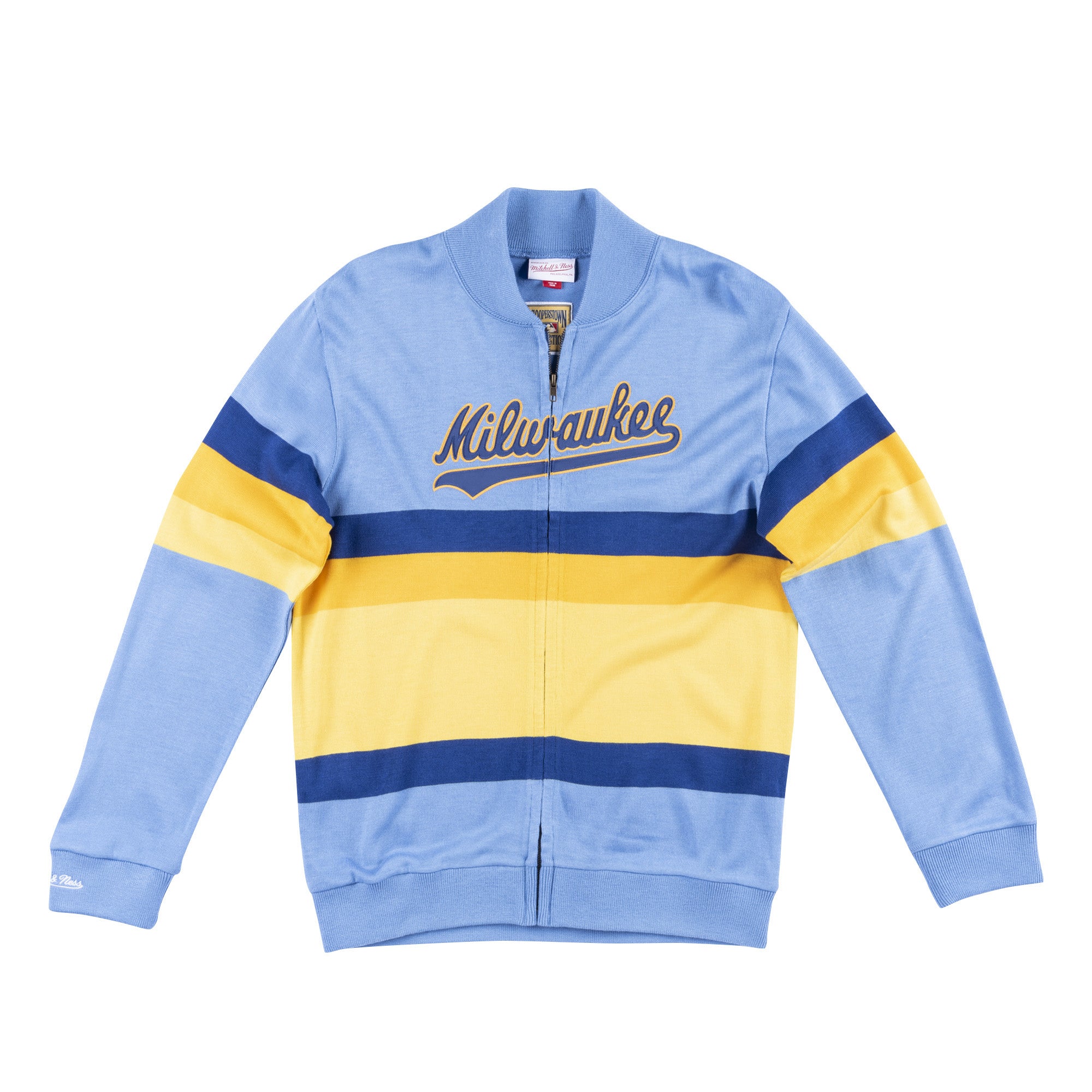 Mens Mitchell & Ness MLB Front Stripe Full Zip Sweater Milwaukee Brewers