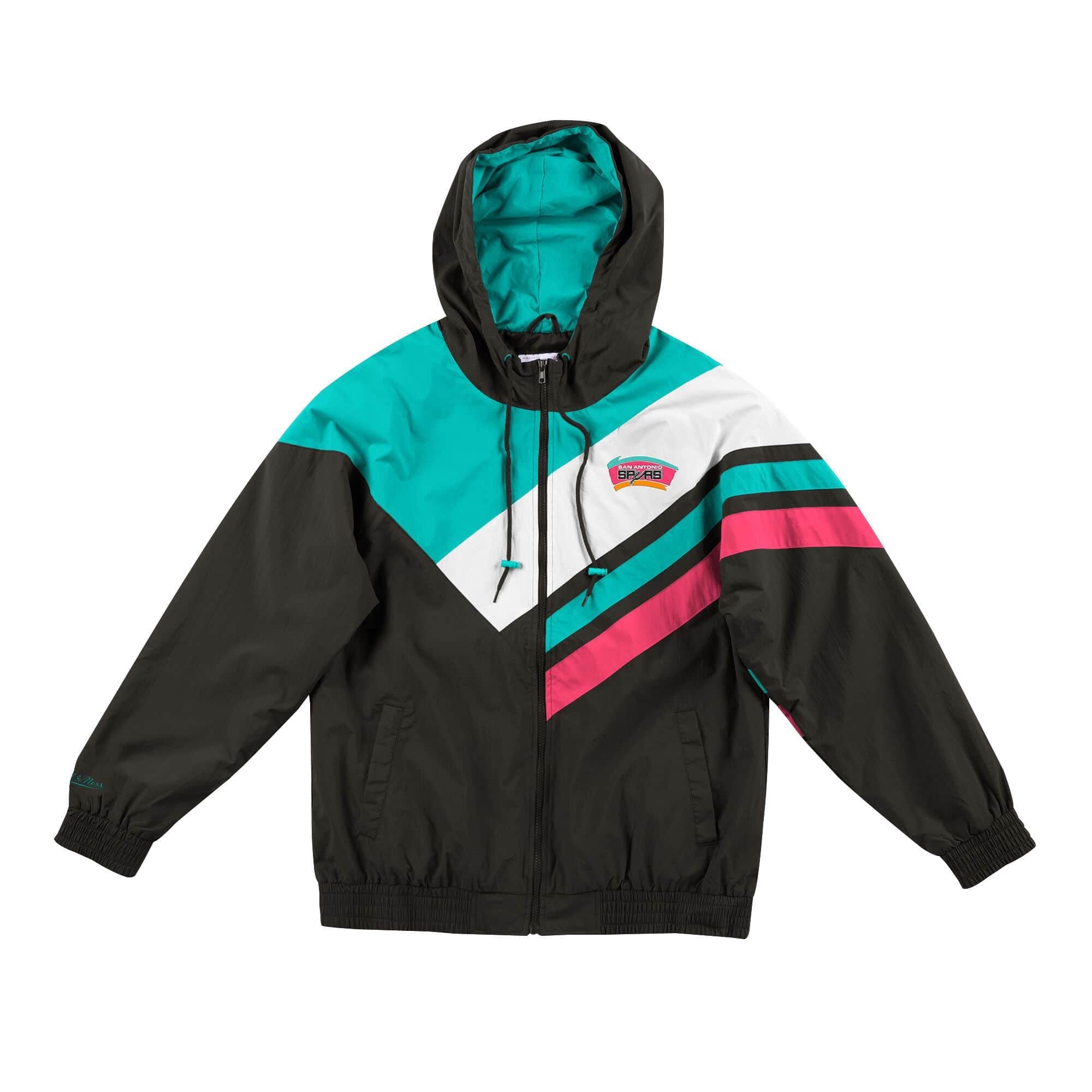 [FLZPMG18043-SASBLCK] Mens Mitchell & Ness NBA Asymmetrical Blocked Jacket San Antonio Spurs - sneakAR