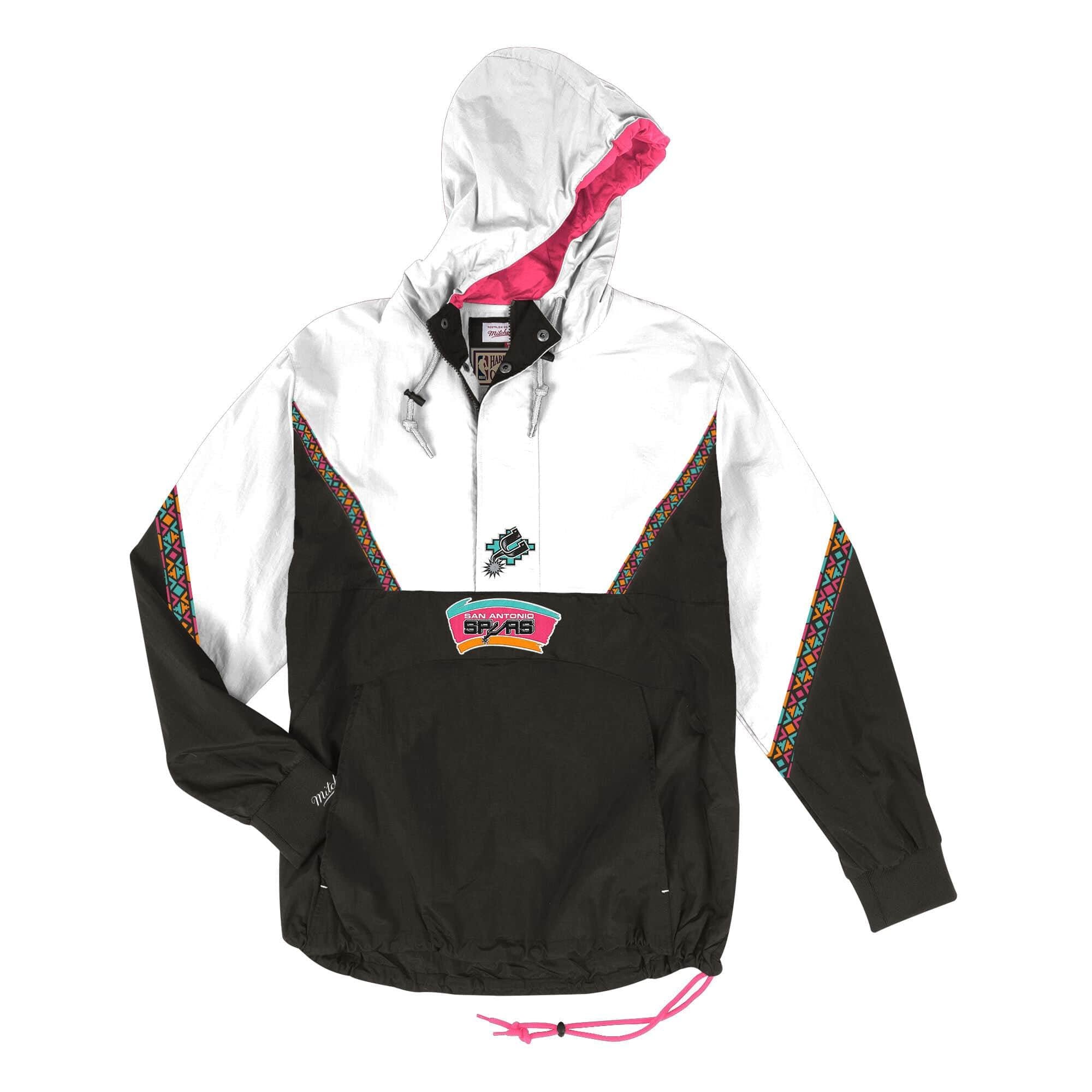 [HFZPMG18020-SASBLCK1] Mens Mitchell & Ness NBA Half Zip Anorak Patterned San Antonio Spurs - sneakAR
