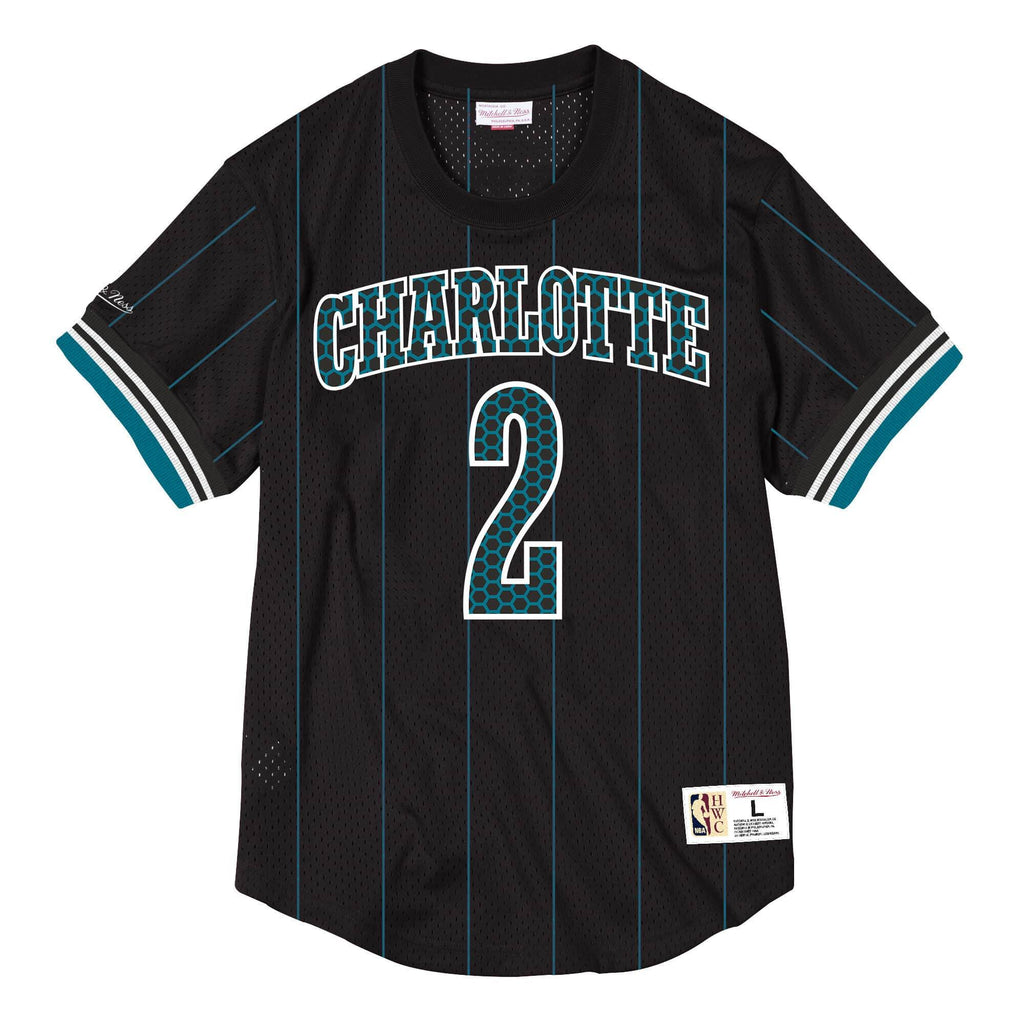 [NNMPMG18062-CHOBLCK92LJO] Mens Mitchell & Ness NBA Name & Number Mesh Crewneck Charlotte Hornets 1992 Larry Johnson - sneakAR