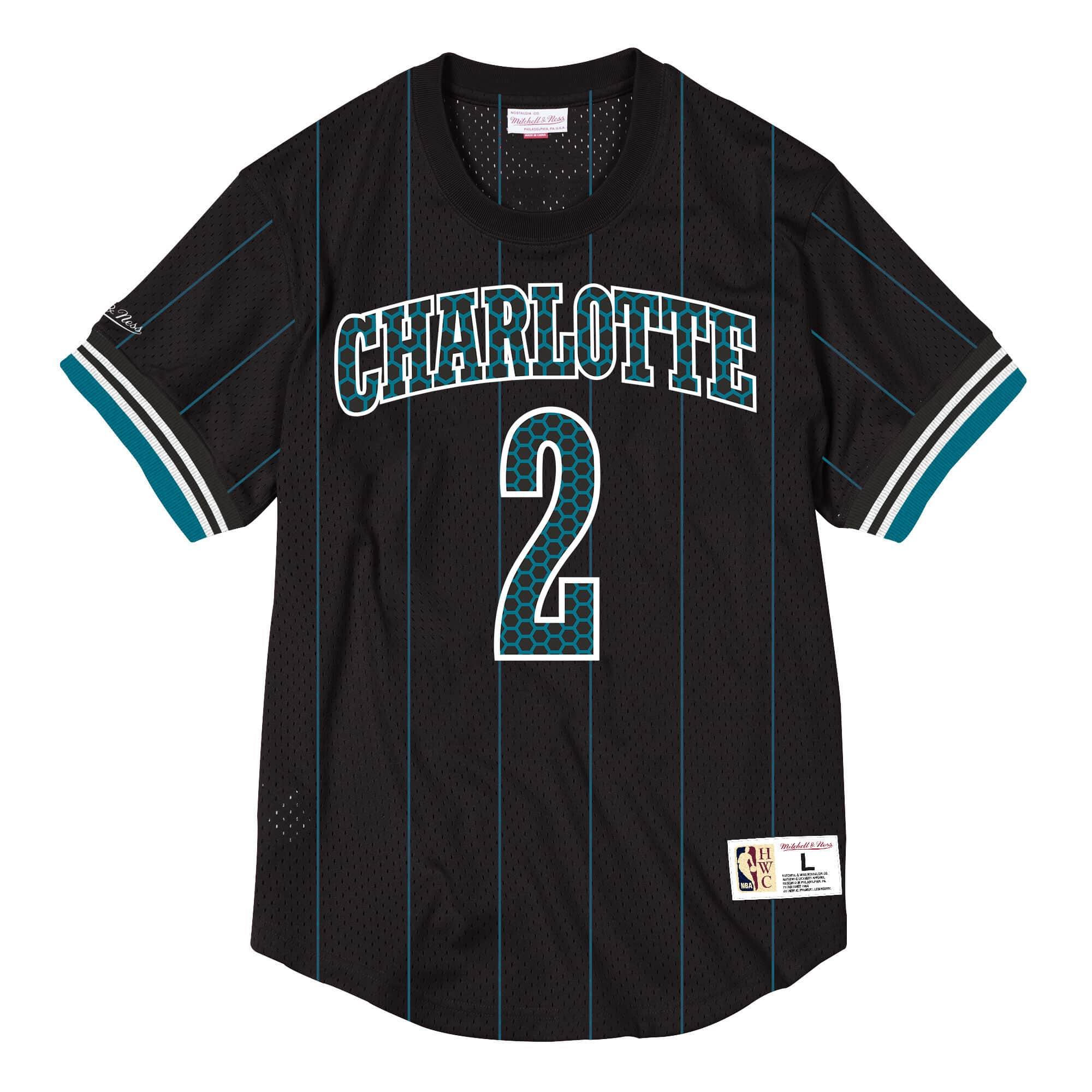 [NNMPMG18062-CHOBLCK92LJO] Mens Mitchell & Ness NBA Name & Number Mesh Crewneck Charlotte Hornets 1992 Larry Johnson - sneakAR